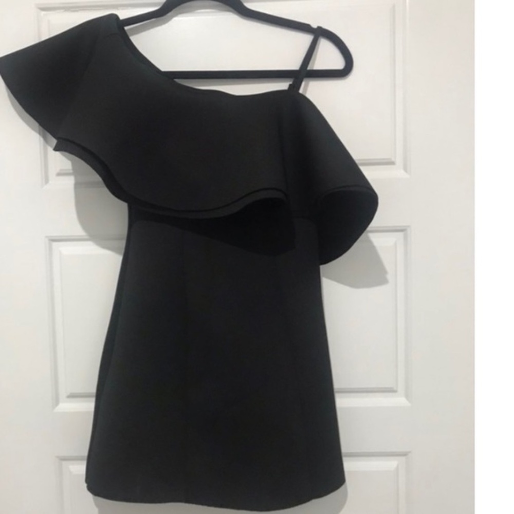 Dress-12 Black Scuba One Ruffle Shoulder Mini Party Holiday Semi Formal Party - Picture 4 of 4